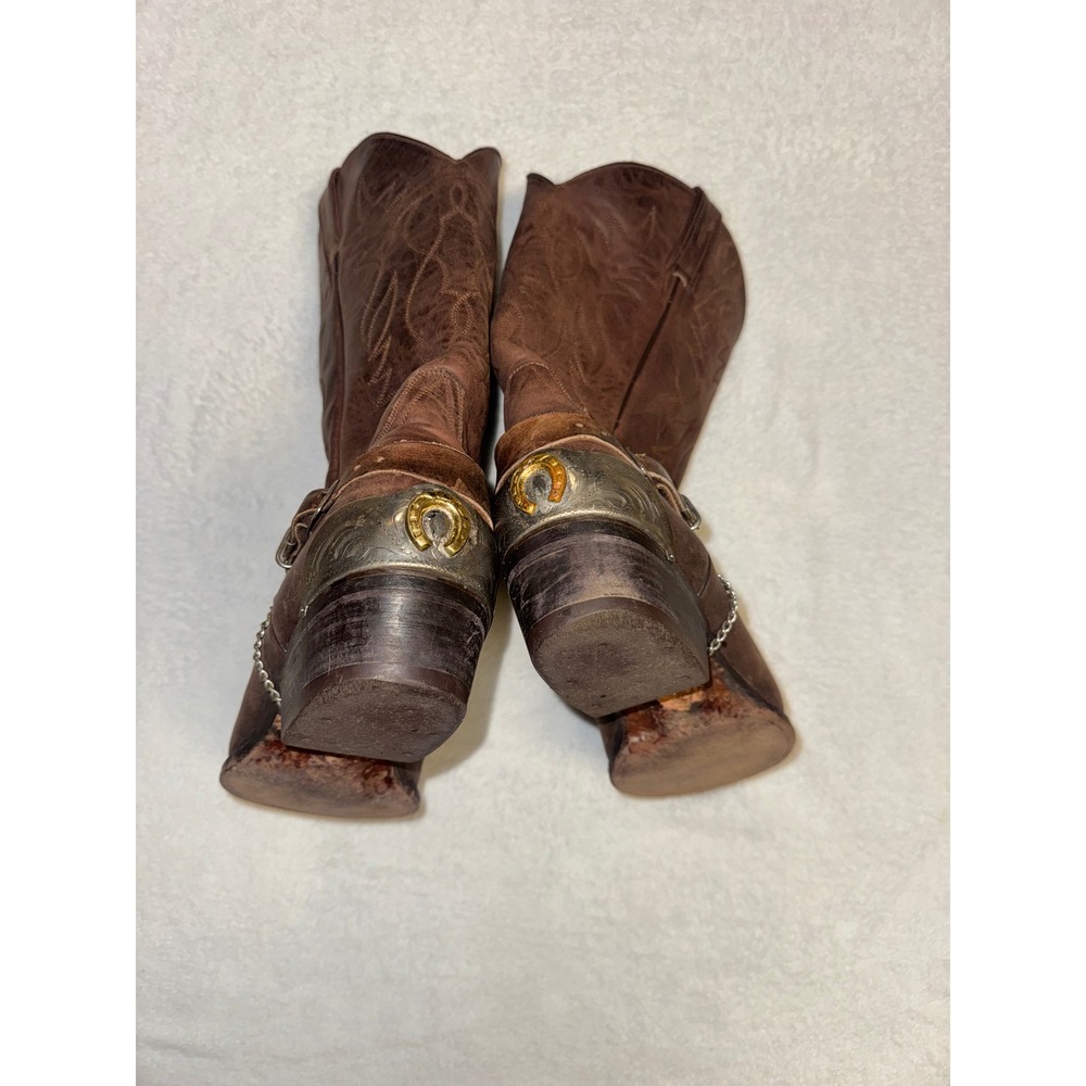 Mens Brown Leather Western Cowboy Boots Harness Horseshoe Heel Plate Chain - Picture 2 of 6